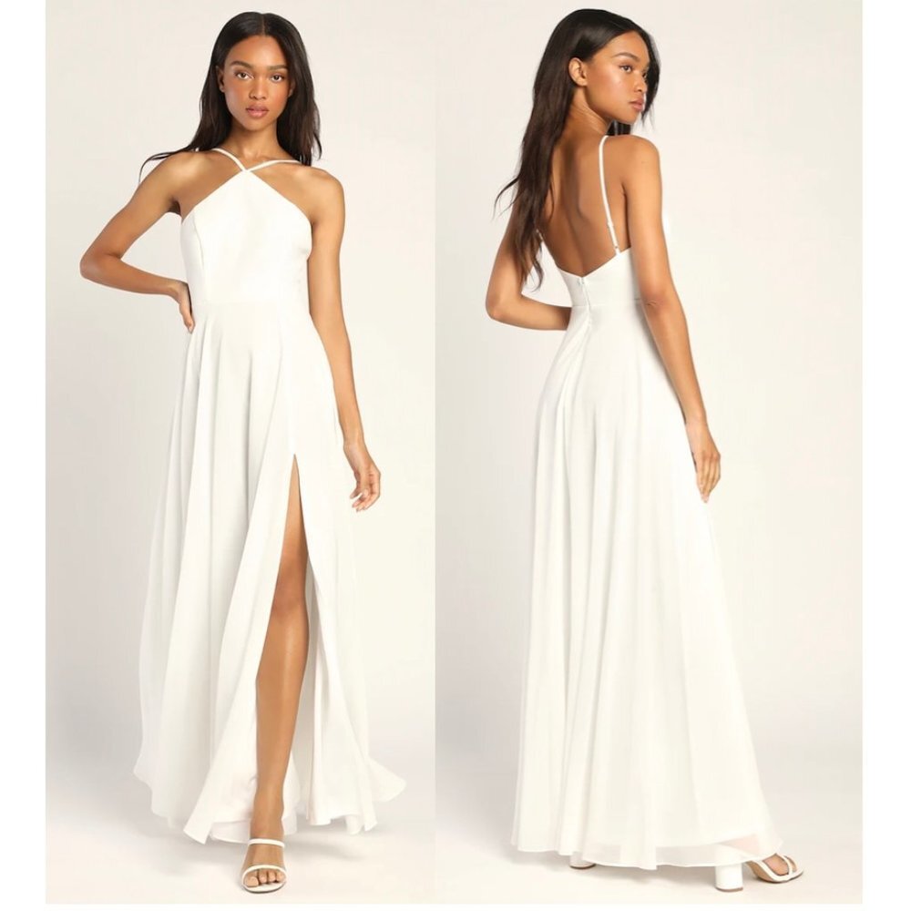 LULUS Absolutely Breathtaking Halter Gown in Cream Size Small